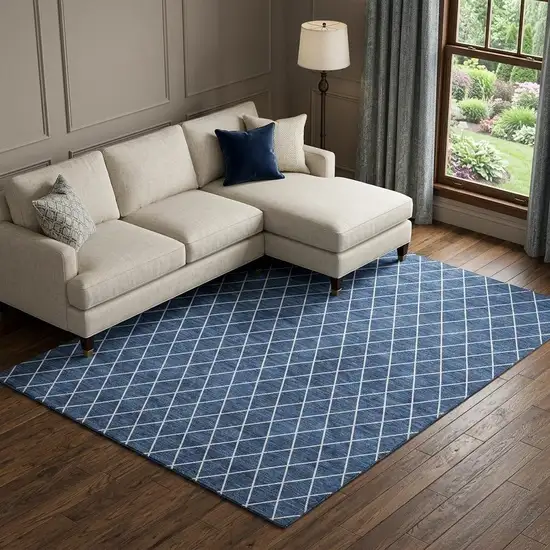 Navy Blue And Ivory Geometric Washable Area Rug With UV Protection Photo 1