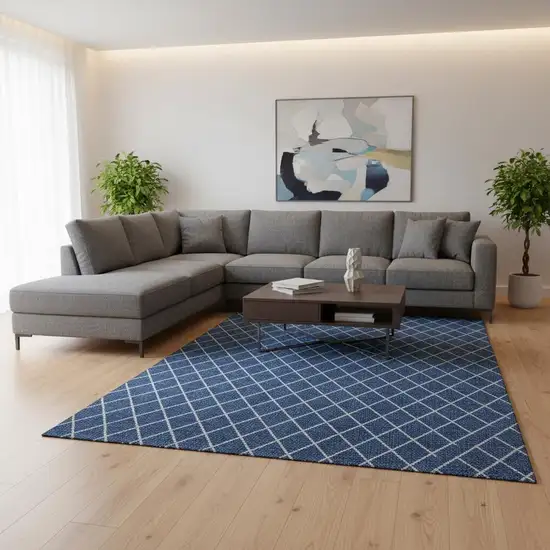 Navy Blue And Ivory Geometric Washable Area Rug With UV Protection Photo 2