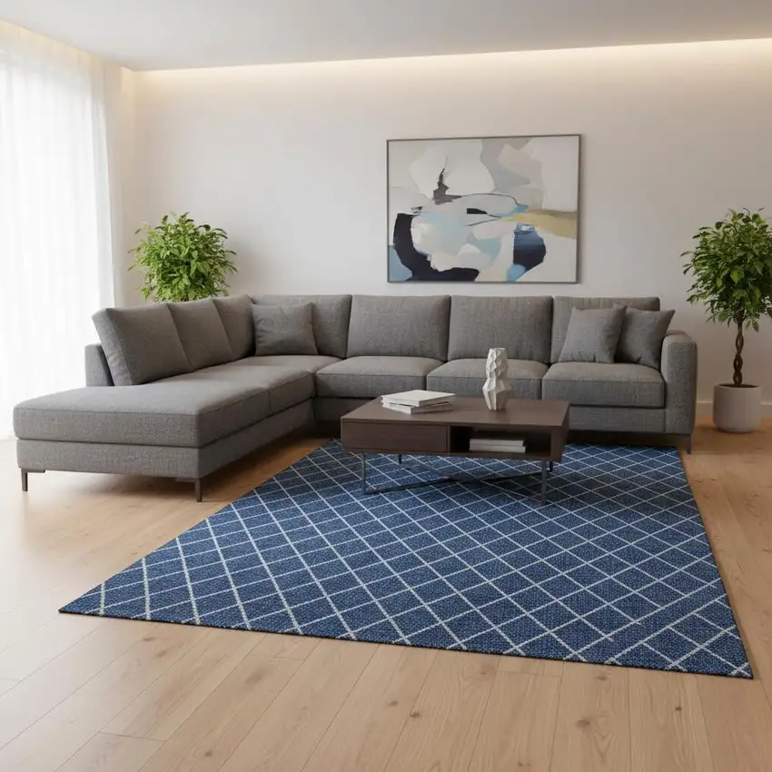 Navy Blue And Ivory Geometric Washable Area Rug With UV Protection Photo 2