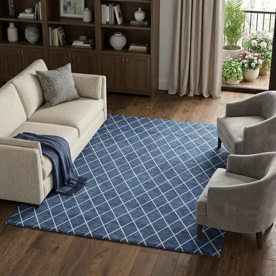 Navy Blue And Ivory Geometric Washable Area Rug With UV Protection Photo 1