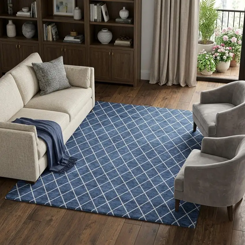 Navy Blue And Ivory Geometric Washable Area Rug With UV Protection Photo 1