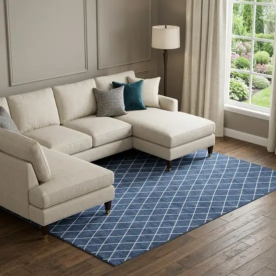 Navy Blue And Ivory Geometric Washable Area Rug With UV Protection Photo 1