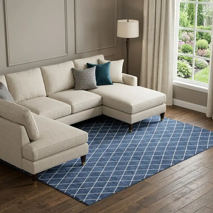 Navy Blue And Ivory Geometric Washable Area Rug With UV Protection Photo 1