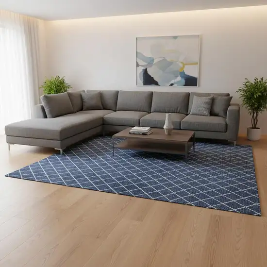 Navy Blue And Ivory Geometric Washable Area Rug With UV Protection Photo 2