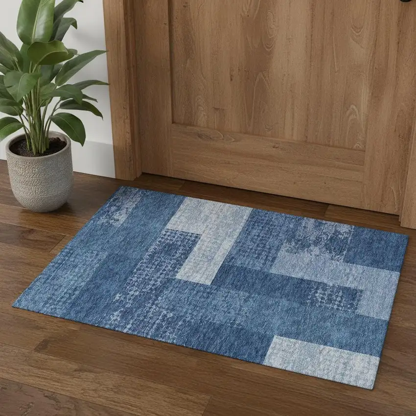 Navy Blue And Ivory Geometric Washable Area Rug With UV Protection Photo 2