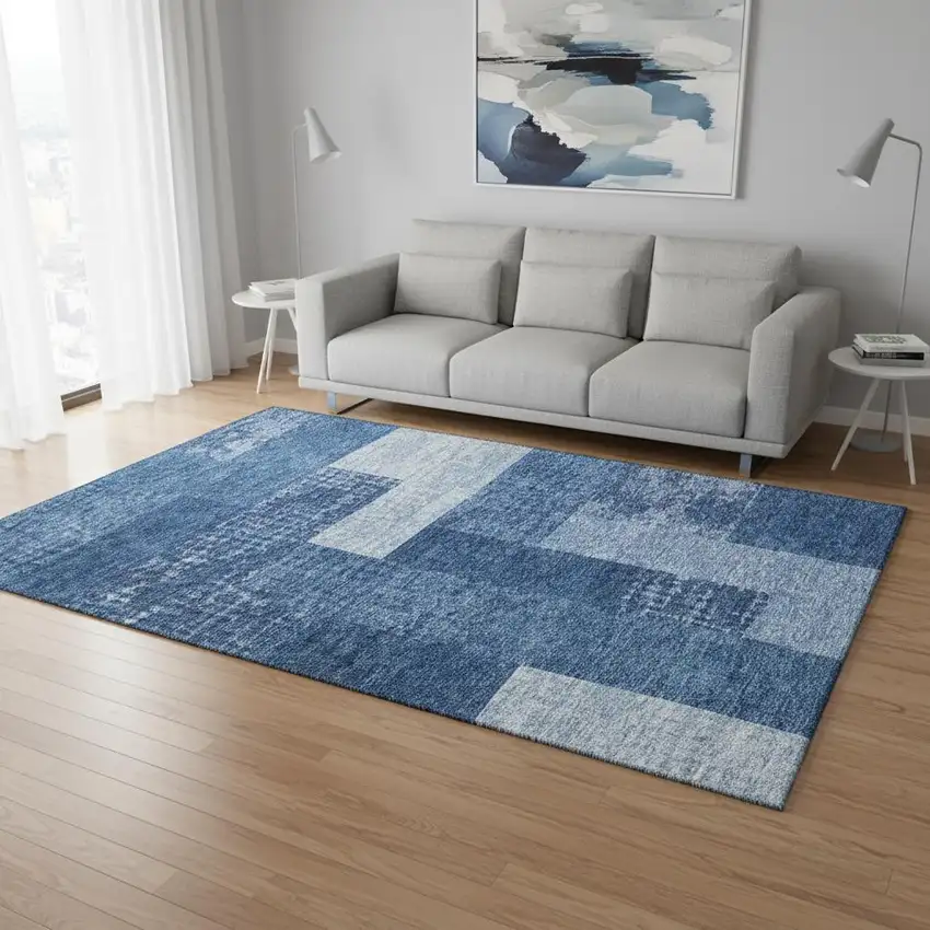 Navy Blue And Ivory Geometric Washable Area Rug With UV Protection Photo 2