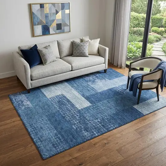 Navy Blue And Ivory Geometric Washable Area Rug With UV Protection Photo 1