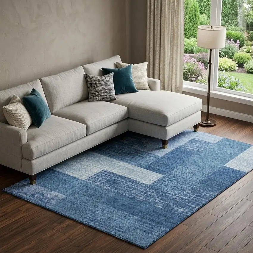 Navy Blue And Ivory Geometric Washable Area Rug With UV Protection Photo 1