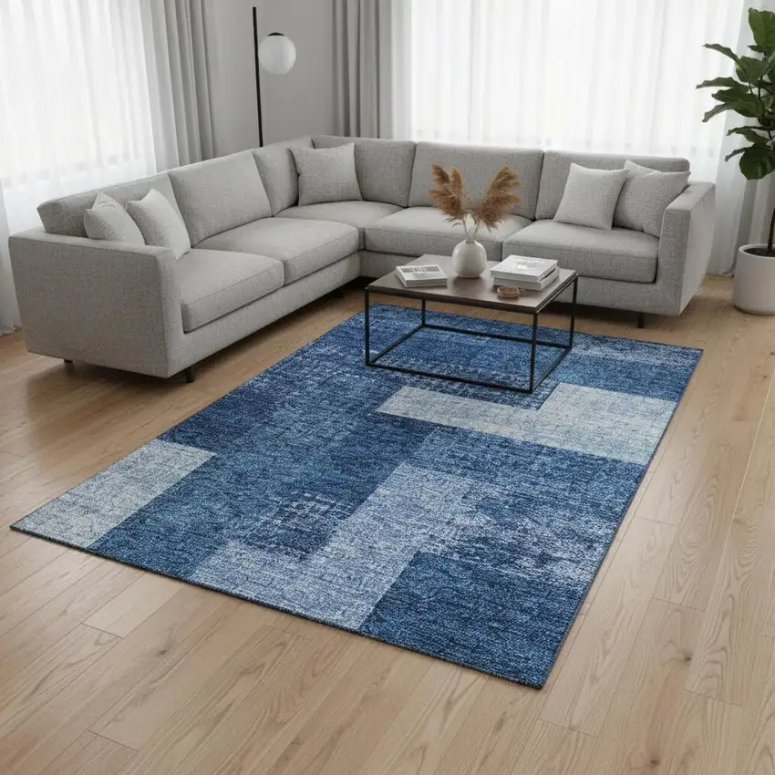 Navy Blue And Ivory Geometric Washable Area Rug With UV Protection Photo 2