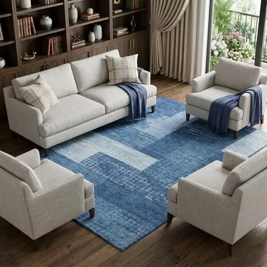 Navy Blue And Ivory Geometric Washable Area Rug With UV Protection Photo 1