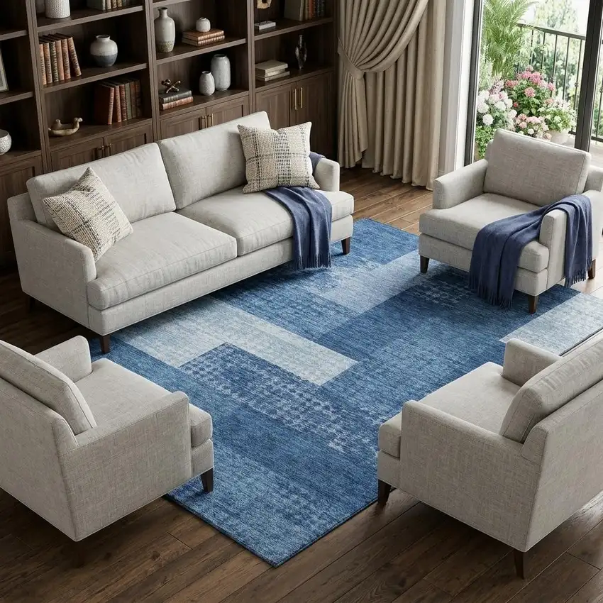 Navy Blue And Ivory Geometric Washable Area Rug With UV Protection Photo 1