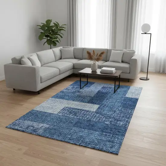 Navy Blue And Ivory Geometric Washable Area Rug With UV Protection Photo 2