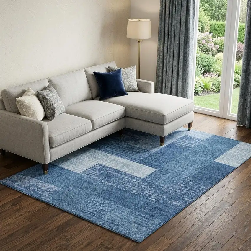 Navy Blue And Ivory Geometric Washable Area Rug With UV Protection Photo 1