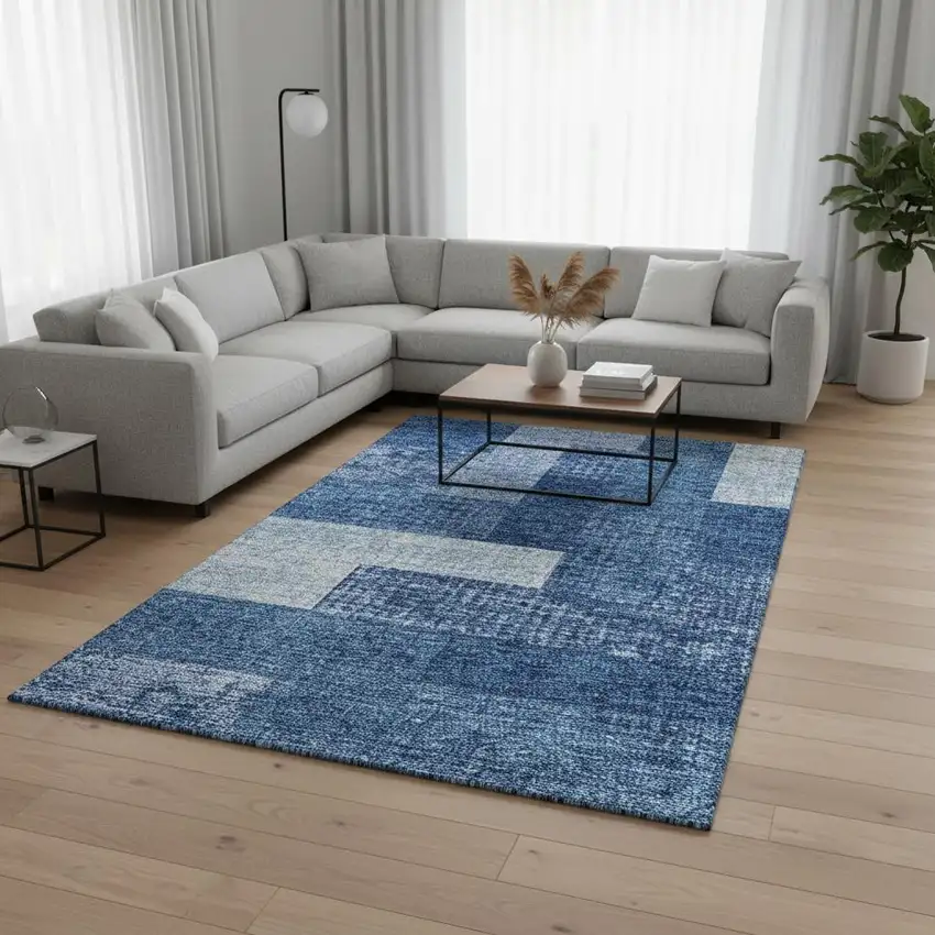 Navy Blue And Ivory Geometric Washable Area Rug With UV Protection Photo 2