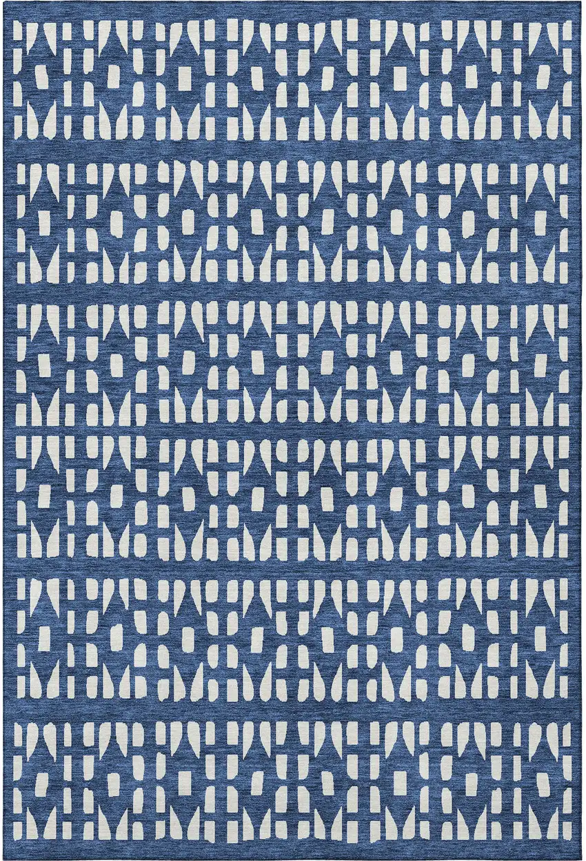 Navy Blue And Ivory Geometric Washable Area Rug With UV Protection Photo 3