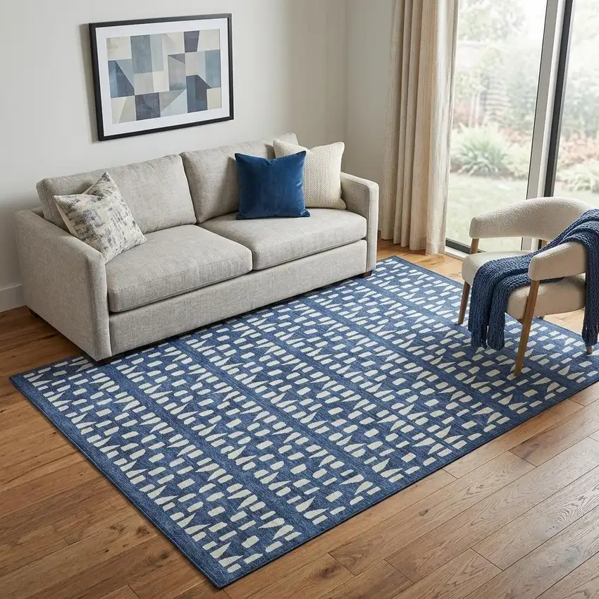 Navy Blue And Ivory Geometric Washable Area Rug With UV Protection Photo 1