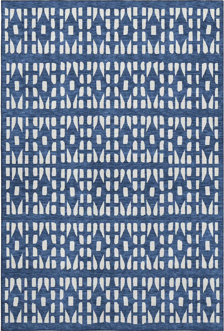 Navy Blue And Ivory Geometric Washable Area Rug With UV Protection Photo 1