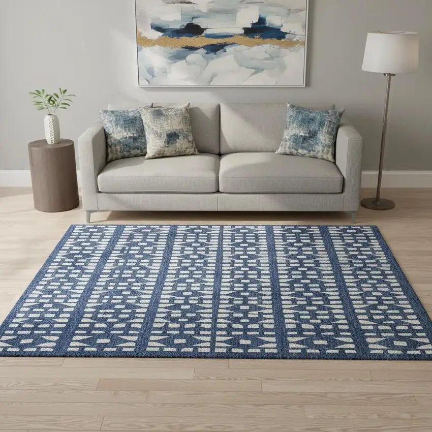 Navy Blue And Ivory Geometric Washable Area Rug With UV Protection Photo 2