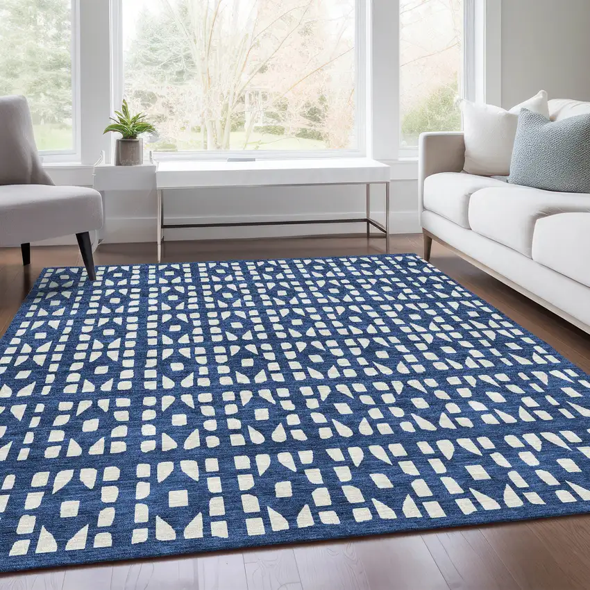 Navy Blue And Ivory Geometric Washable Area Rug With UV Protection Photo 6