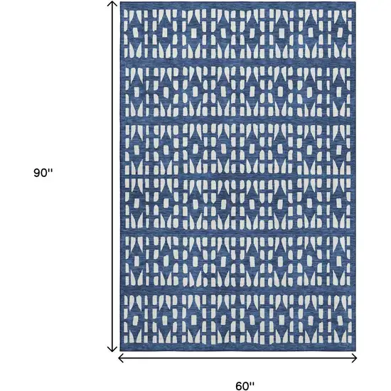 Navy Blue And Ivory Geometric Washable Area Rug With UV Protection Photo 8