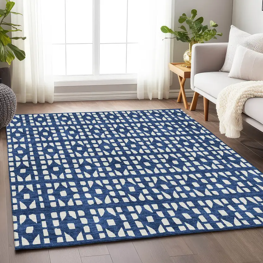 Navy Blue And Ivory Geometric Washable Area Rug With UV Protection Photo 4