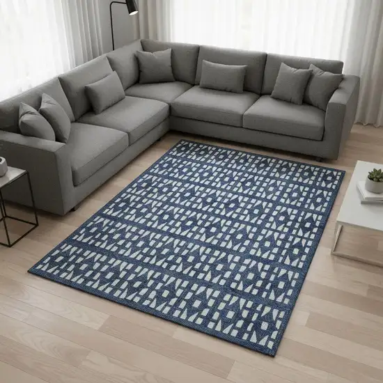 Navy Blue And Ivory Geometric Washable Area Rug With UV Protection Photo 2