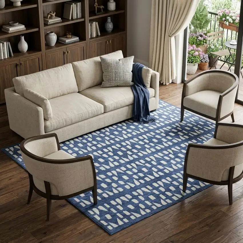Navy Blue And Ivory Geometric Washable Area Rug With UV Protection Photo 1
