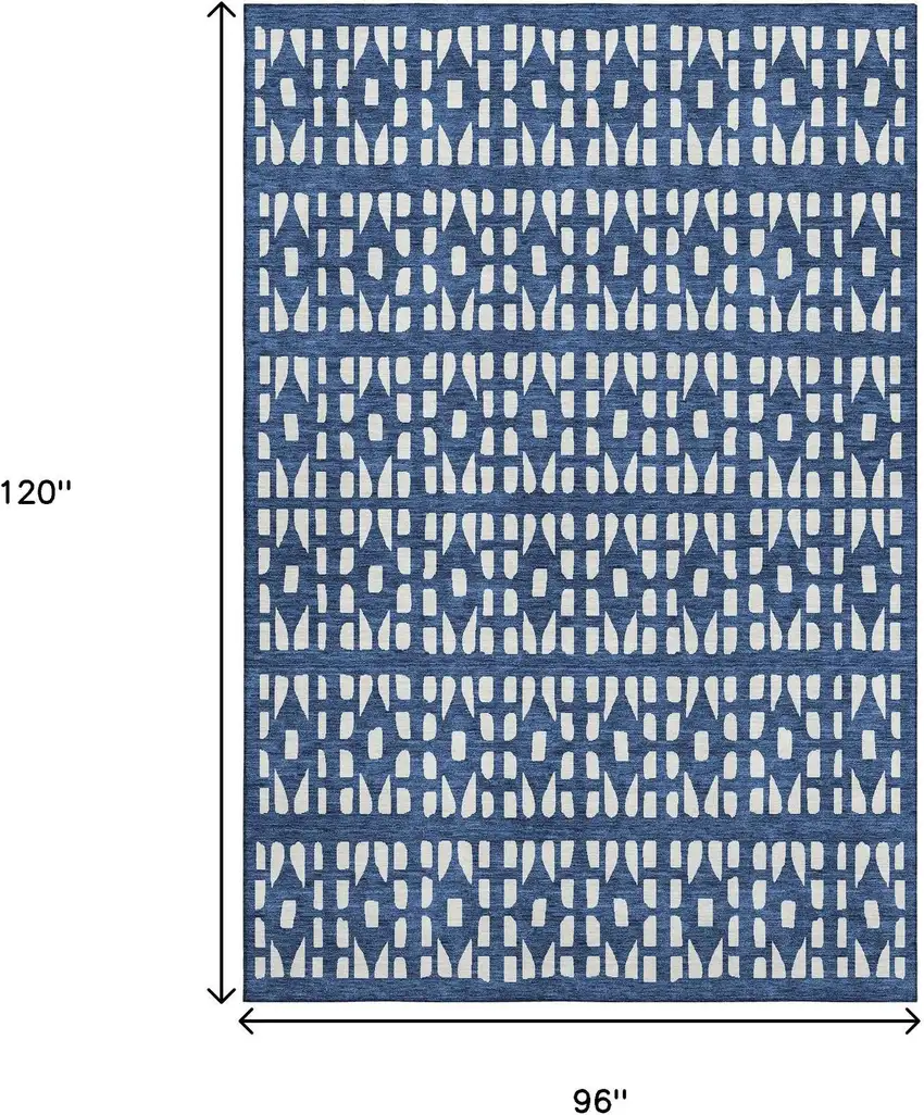 Navy Blue And Ivory Geometric Washable Area Rug With UV Protection Photo 9
