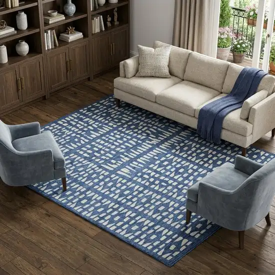Navy Blue And Ivory Geometric Washable Area Rug With UV Protection Photo 1
