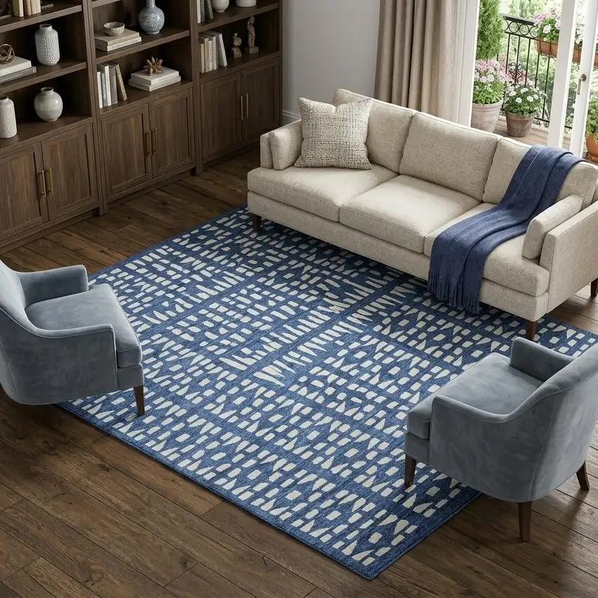 Navy Blue And Ivory Geometric Washable Area Rug With UV Protection Photo 1