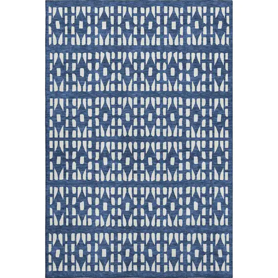 Navy Blue And Ivory Geometric Washable Area Rug With UV Protection Photo 1