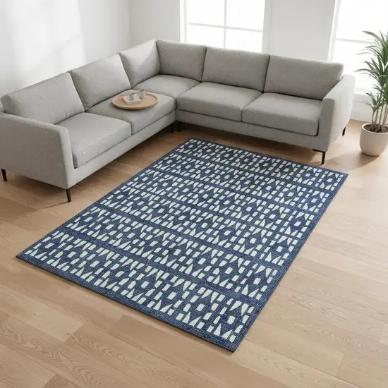 Navy Blue And Ivory Geometric Washable Area Rug With UV Protection Photo 2