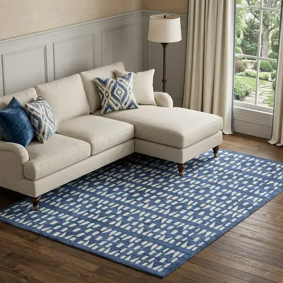Navy Blue And Ivory Geometric Washable Area Rug With UV Protection Photo 1