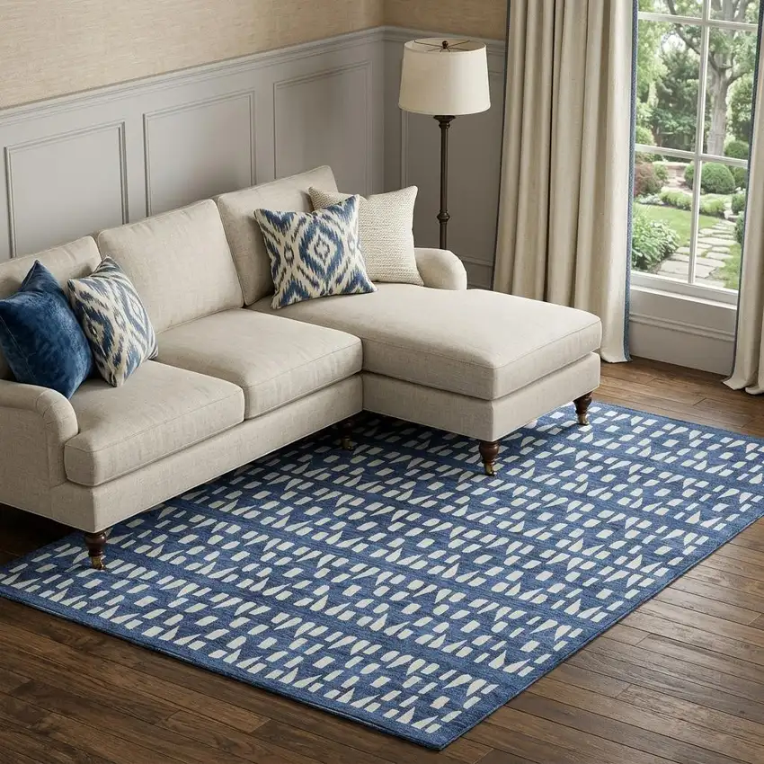 Navy Blue And Ivory Geometric Washable Area Rug With UV Protection Photo 1