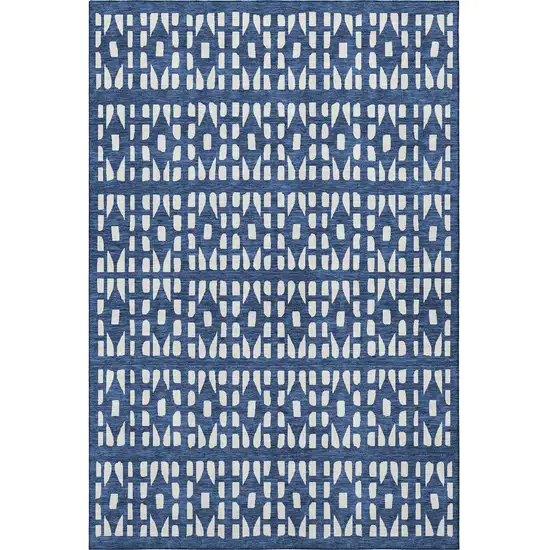 Navy Blue And Ivory Geometric Washable Area Rug With UV Protection Photo 2
