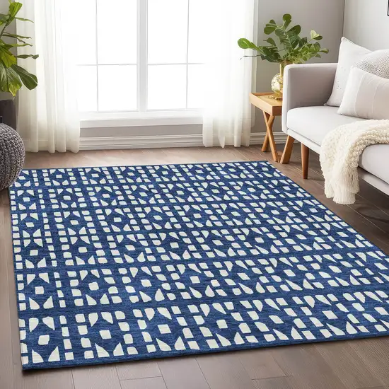 Navy Blue And Ivory Geometric Washable Area Rug With UV Protection Photo 3