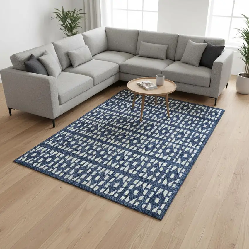 Navy Blue And Ivory Geometric Washable Area Rug With UV Protection Photo 2