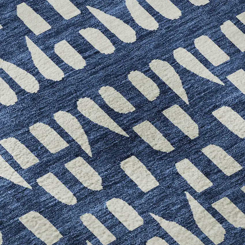 Navy Blue And Ivory Geometric Washable Area Rug With UV Protection Photo 8