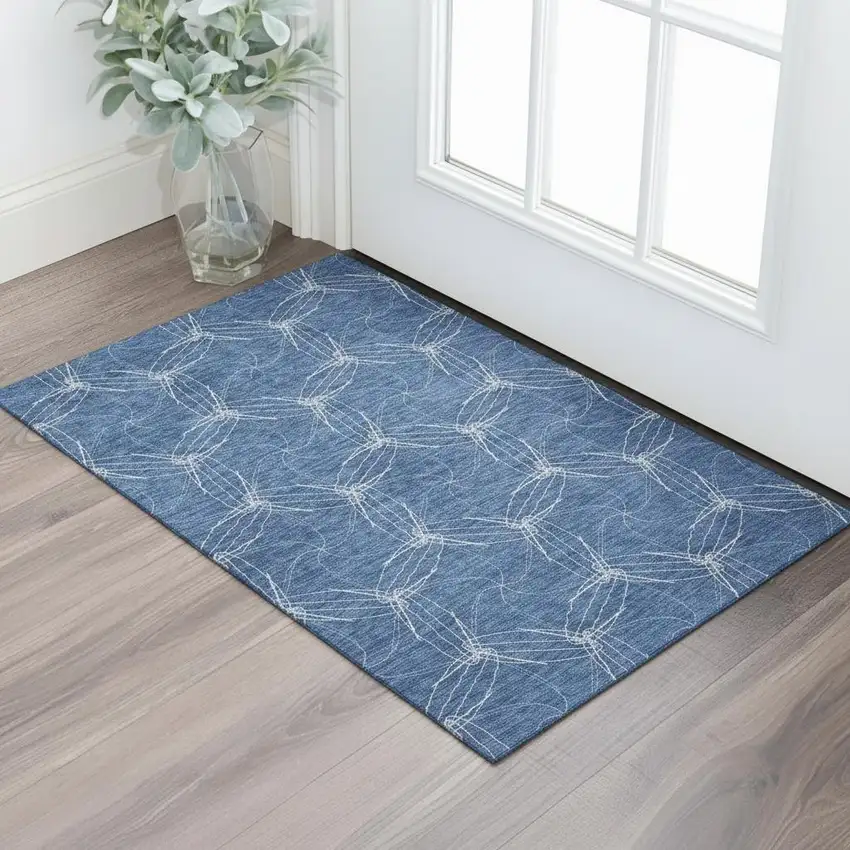 Navy Blue And Ivory Geometric Washable Area Rug With UV Protection Photo 1
