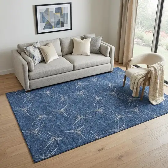 Navy Blue And Ivory Geometric Washable Area Rug With UV Protection Photo 1