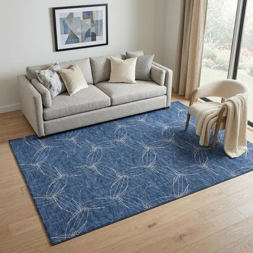 Navy Blue And Ivory Geometric Washable Area Rug With UV Protection Photo 1