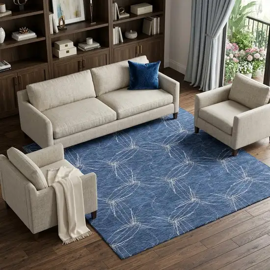Navy Blue And Ivory Geometric Washable Area Rug With UV Protection Photo 1
