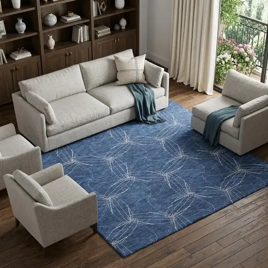 Navy Blue And Ivory Geometric Washable Area Rug With UV Protection Photo 1