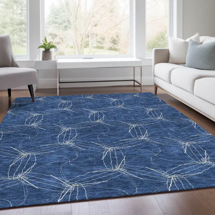 Navy Blue And Ivory Geometric Washable Area Rug With UV Protection Photo 5