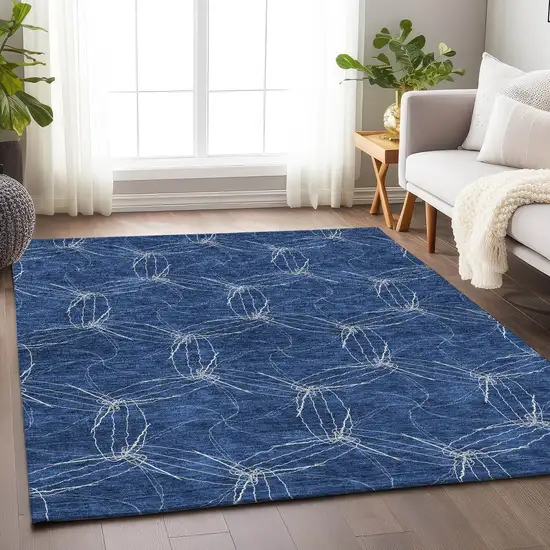 Navy Blue And Ivory Geometric Washable Area Rug With UV Protection Photo 4