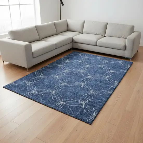 Navy Blue And Ivory Geometric Washable Area Rug With UV Protection Photo 2