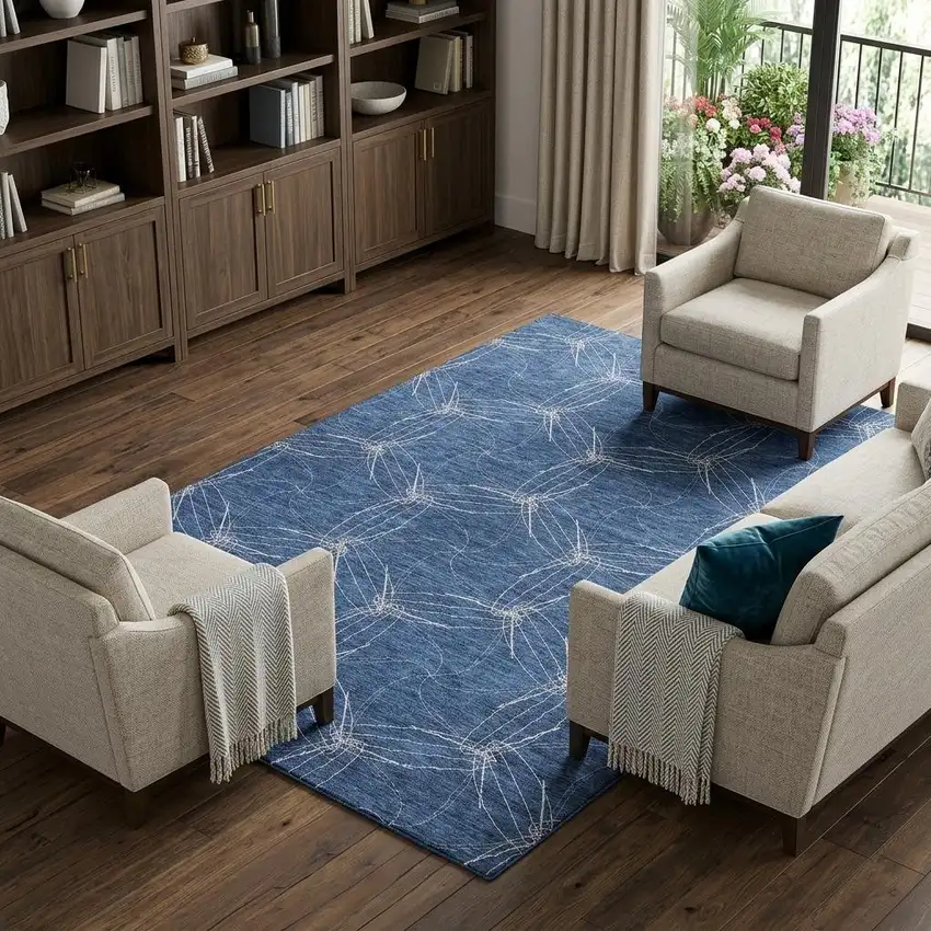 Navy Blue And Ivory Geometric Washable Area Rug With UV Protection Photo 1