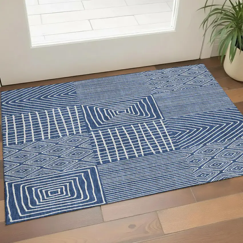 Navy Blue And Ivory Geometric Washable Area Rug With UV Protection Photo 1
