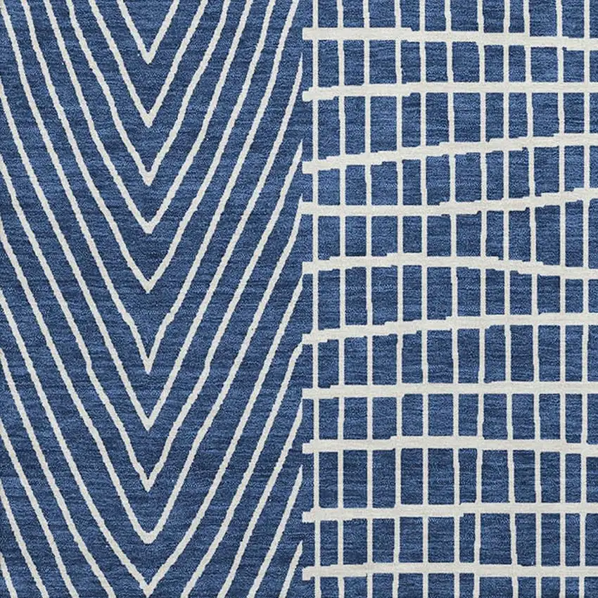 Navy Blue And Ivory Geometric Washable Area Rug With UV Protection Photo 2