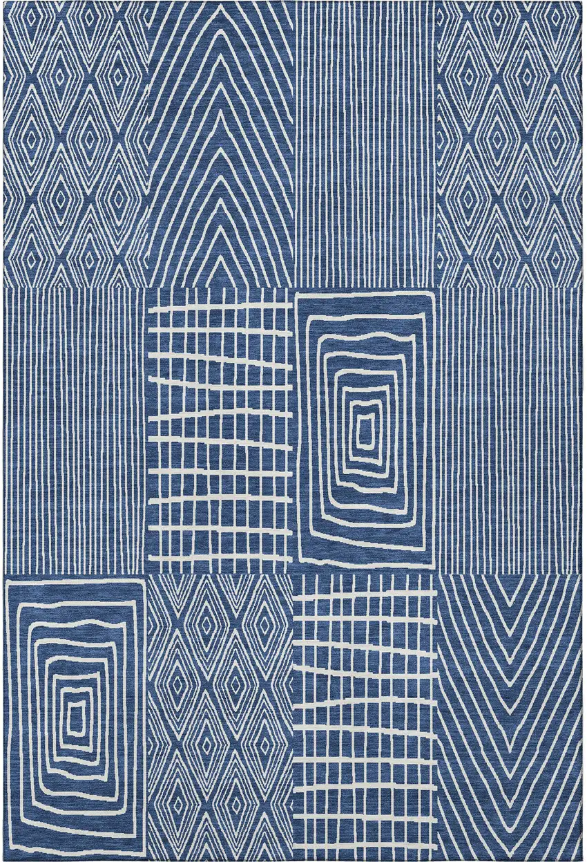 Navy Blue And Ivory Geometric Washable Area Rug With UV Protection Photo 3